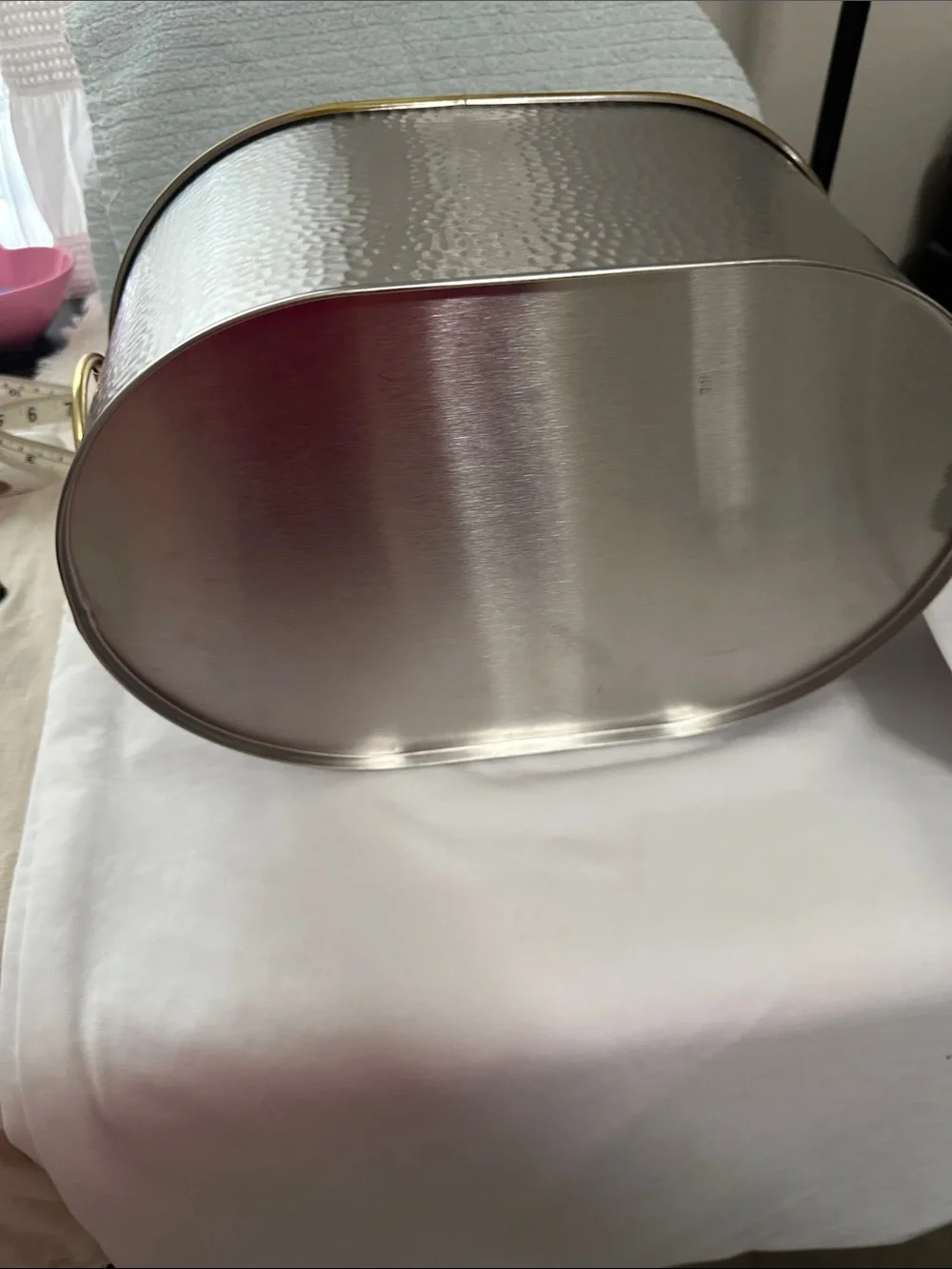 Metal Hammered Oval Storage Basket with Gold Handles NWT